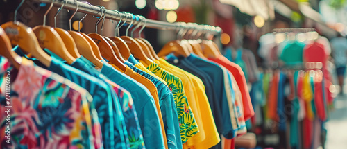 Bright shirts on a street market clothes rack with abstract blurred background