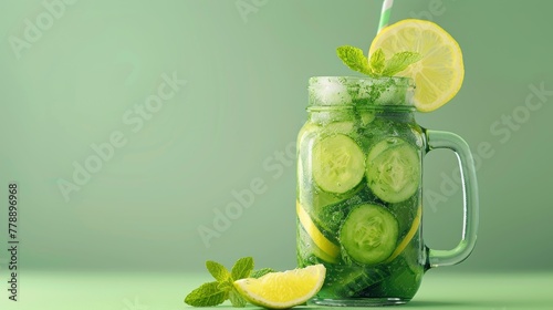 refreshing composition with green cucumbers and lemons, basil leaves and a bottle of cucumber drink.