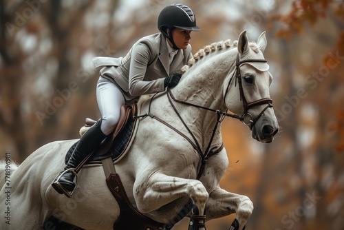 Woman riding white horse through forest