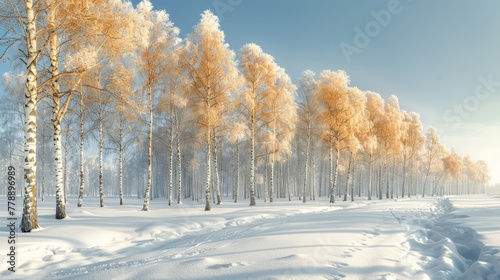  A group of trees in snow with a trail in the foreground and a blue sky in the background