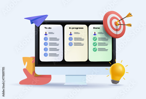 Project management, strategy and organization 3D concept. Office desk with laptop and kanban board with tasks and sticker notes on screen. 3D Vector illustration