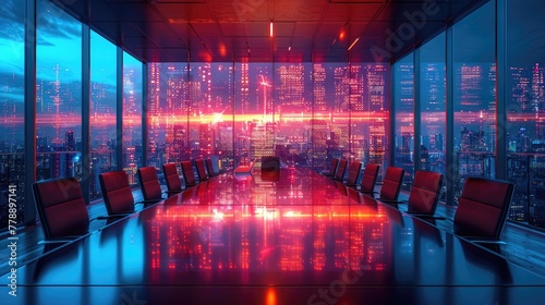 Modern and sleek boardroom with reflective surfaces and a striking view of the urban skyline bathed in sunset hues. Generative AI