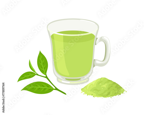 Green tea matcha in glass cup. Vector cartoon flat illustration of green tea leaf, powder and drink.