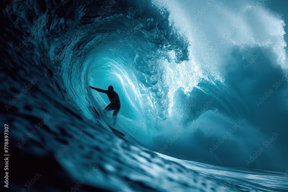 Man riding wave on surfboard - obrazy, fototapety, plakaty 