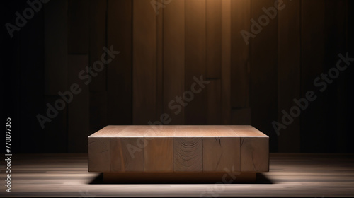 Emoty wooden podium on moden brown wooden room with wam spotlight for product display photo