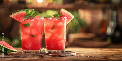 two glasses of watermelon drinks on some wooden table