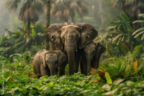 Elephants moving through lush green forest