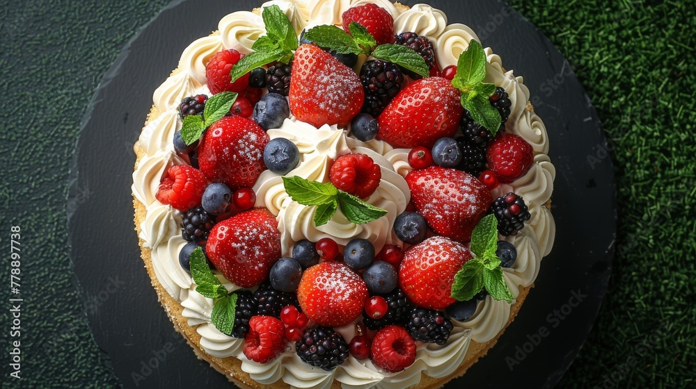 A black plate topped with a cake adorned with fresh berries and vibrant mint leaves A black plate topped with a cake adorned with fresh berries and vibrant mint leaves