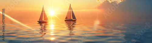 Optic white sails on boats collecting rainwater, sunset glow, tranquil sea background