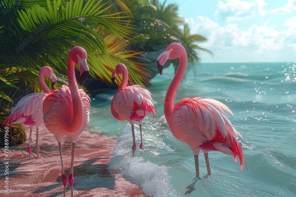 Elegant pink flamingos standing on sandy beach