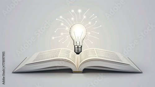 Bright Idea Concept with Light Bulb over Open Book on Teal Background