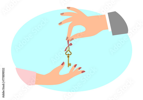 Key to the Heart.  A man's hand holds out the key to his heart to a woman's hand in an oval blue frame. Drawing in a flat style. Vector illustration © Raman Maisei