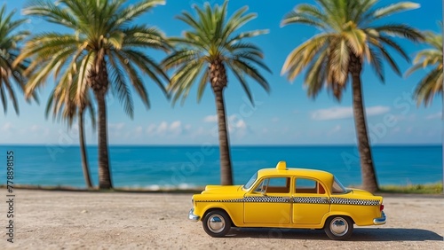 Yellow taxi Car under Palm Trees on the beach © Nastya