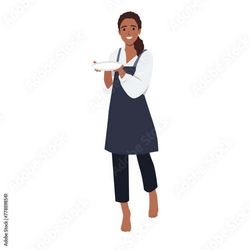 Young happy fun housewife housekeeper chef baker latin woman wear striped apron toque hat hold in hand empty plate. Flat vector illustration isolated on white background