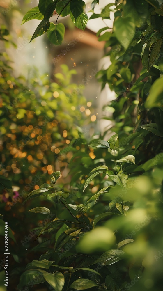 Fototapeta premium Lush Greenery Background with Enchanting Bokeh Lights