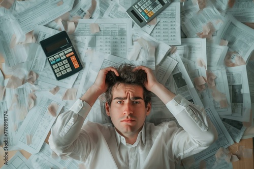 Stressed Businessman Drowning in Sea of Paperwork, tax day,