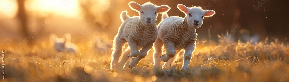 Spring lambs frolicking, photorealistic, captured in the warm, golden light of sunset ,3DCG,clean sharp focus Spring lambs frolicking, photorealistic, captured in the warm, golden light of sunset ,3DCG,clean sharp focus