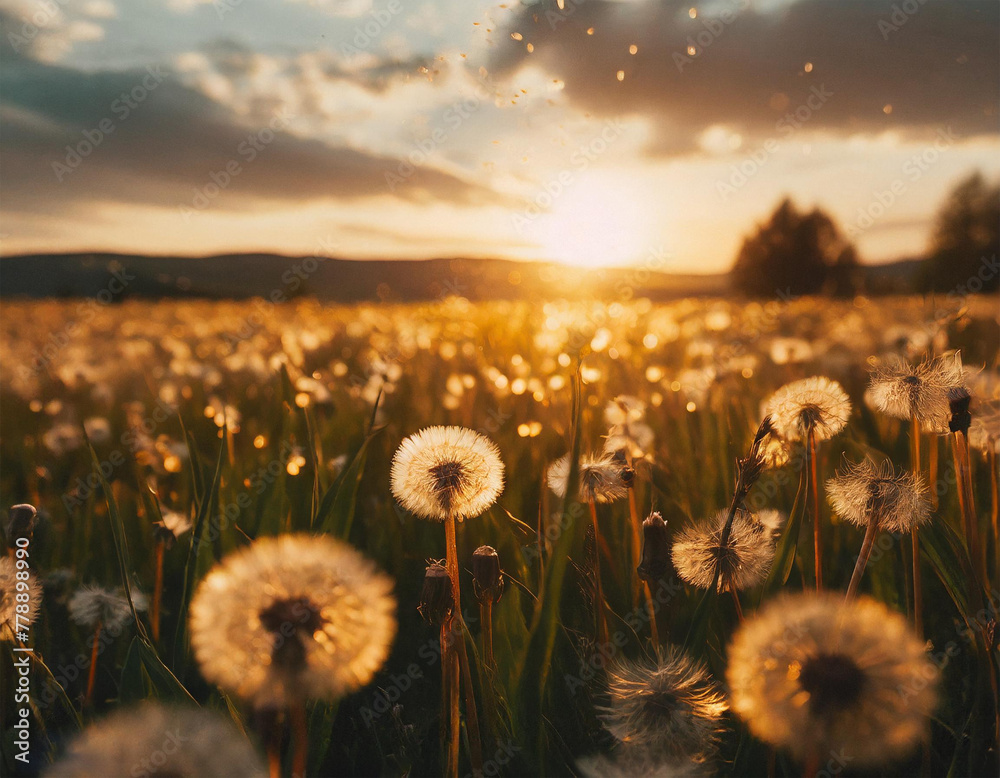 Field of dandelion during sunrise with clouds. Generative Ai