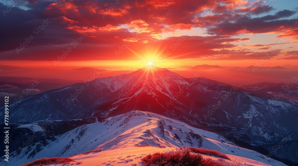   The sun sets over a snow-capped peak on a mountain in the foreground, while red clouds fill the background