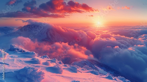   Sun descends behind clouds while snowy mountains loom in the distance photo