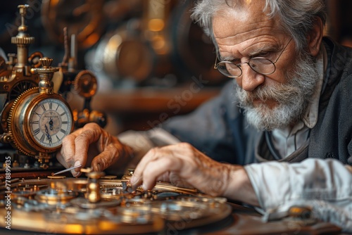 Skilled horologist repairing vintage clock