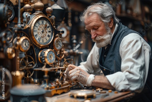 Man repairing vintage clock in shop
