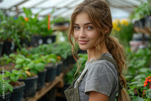 Woman standing in greenhouse among abundant plants