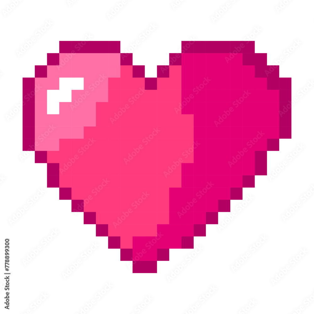 Summer vacation icons set in pixel art design isolated on white background, 80s-90s, digital vintage game style. Pixeled pink heart