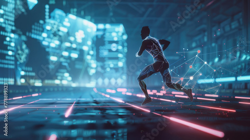 A digital human figure in athletic wear running on an indoor track, with data visualizations of various health and fitness charts behind it.