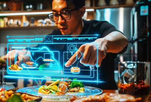 An Asian guy cooks using a recipe shown by an artificial intelligence hologram. Using AI in everyday life