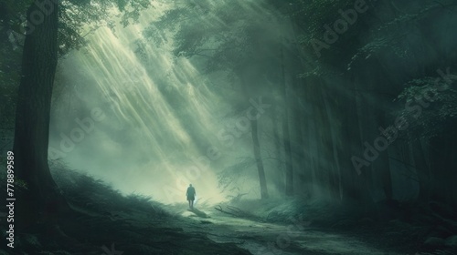 Lone figure walking through foggy forest, guided by mystic light