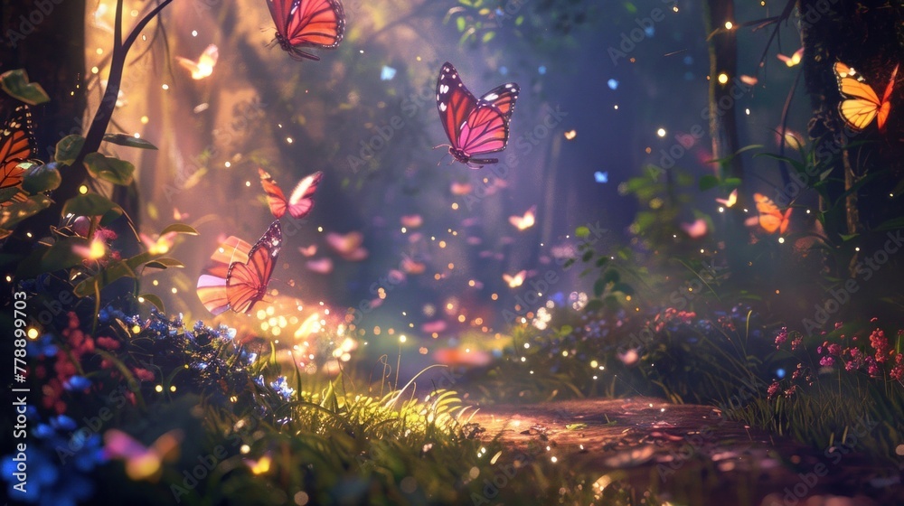 Magical forest alive with fluttering butterflies and fireflies