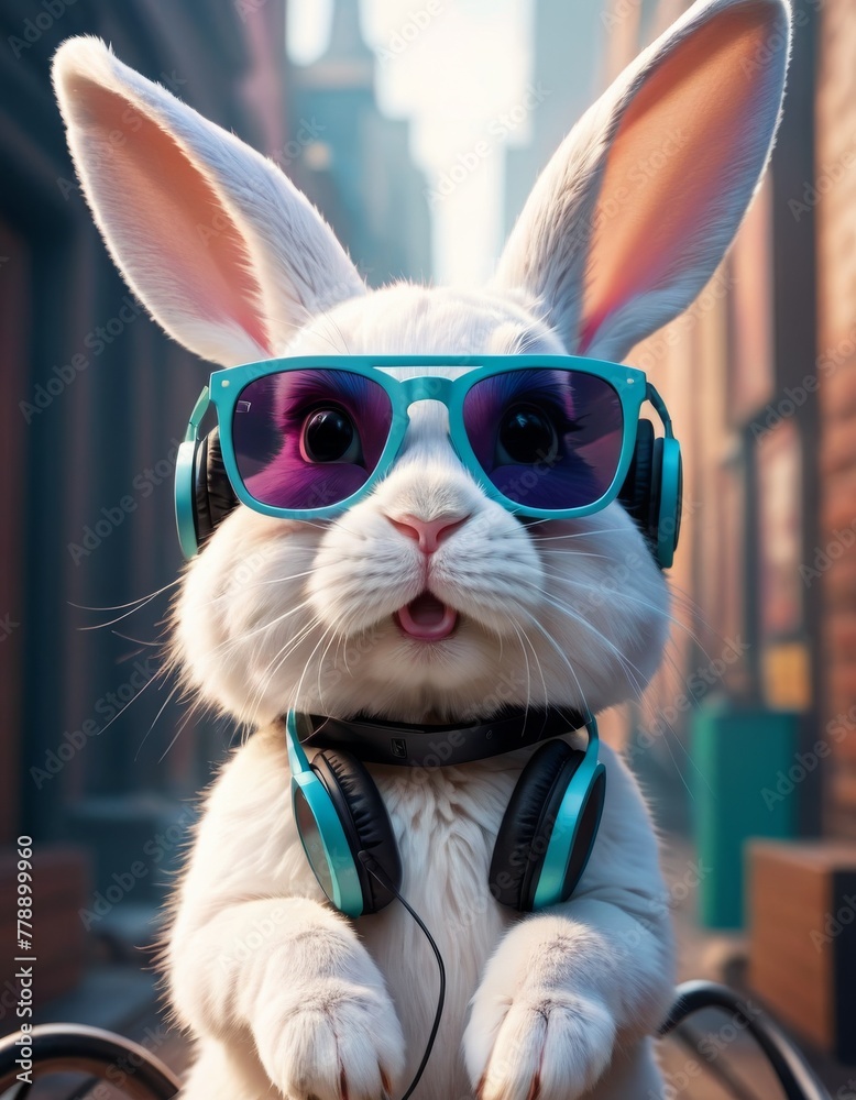 A whimsically rendered rabbit with oversized sunglasses and headphones posing confidently, evoking a modern, urban vibe