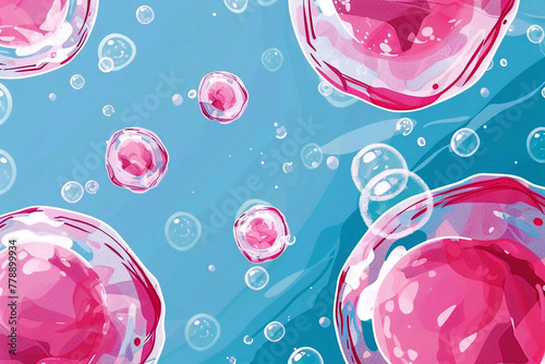 Banner on the topic of oocyte donation. Pink oocytes on a blue background photo