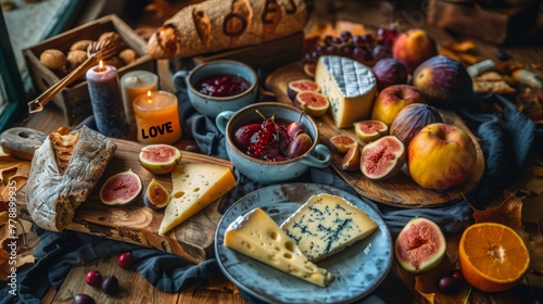  A table adorned with various cheeses and fruits  including a box of fruit in the background A candle adds ambiance to the scene