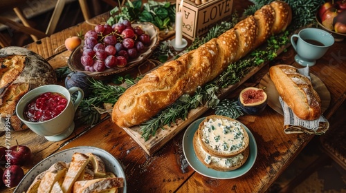   A table with various foods  on top of wood, featuring a clock in the background