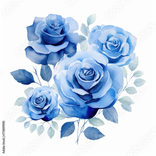 Blue roses watercolor clipart on white background, defined edges floral flower pattern background with copy space for design text or photo backdrop minimalistic