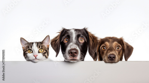 Surprised dog and cat peeking behind a white banner on a white background. Poster mockup for a veterinary clinic or pet store. Pet shocked by discounts on seasonal sales. © OleksandrZastrozhnov