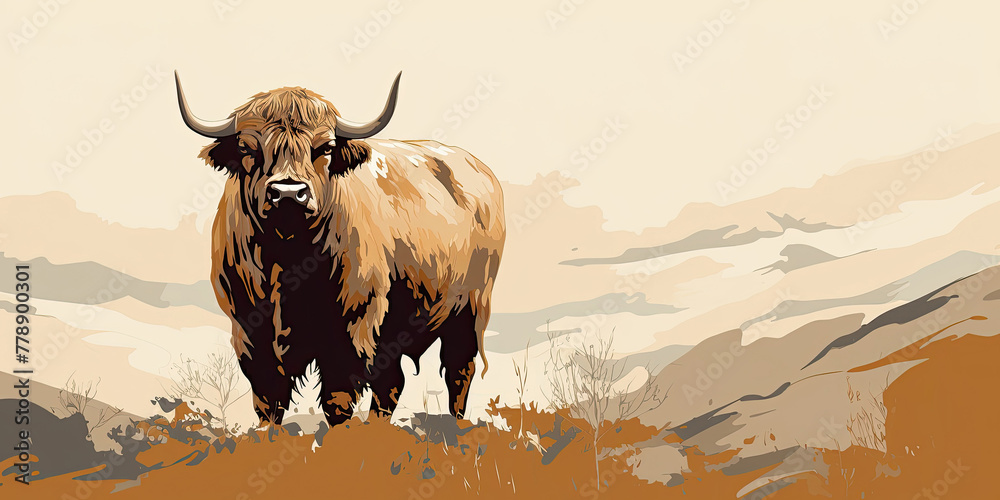 A large shaggy bull on a pasture in the highlands. Livestock vintage sketch in brown and beige tones.