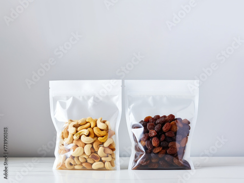 Two disposable packs of dry nuts and dried fruits on a white background. Ziplock bags of cashews and raisins on the table. photo