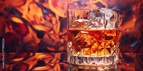 Glowing glass of whiskey or scotch with an ice cube on a mosaic orange reflective surface. Alcoholic beverages advertising banner layout.