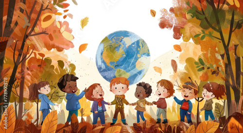 A group of children standing around the Earth  holding hands and smiling at each other  The background is an autumn forest with trees that have left their leaves on them
