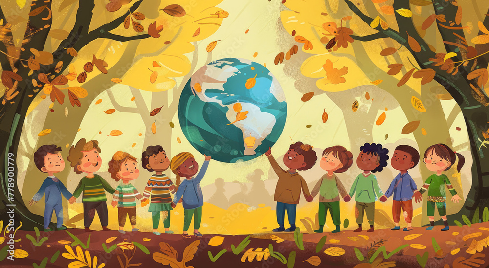 A group of children standing around the Earth, holding hands and smiling at each other; The background is an autumn forest with trees that have left their leaves on them