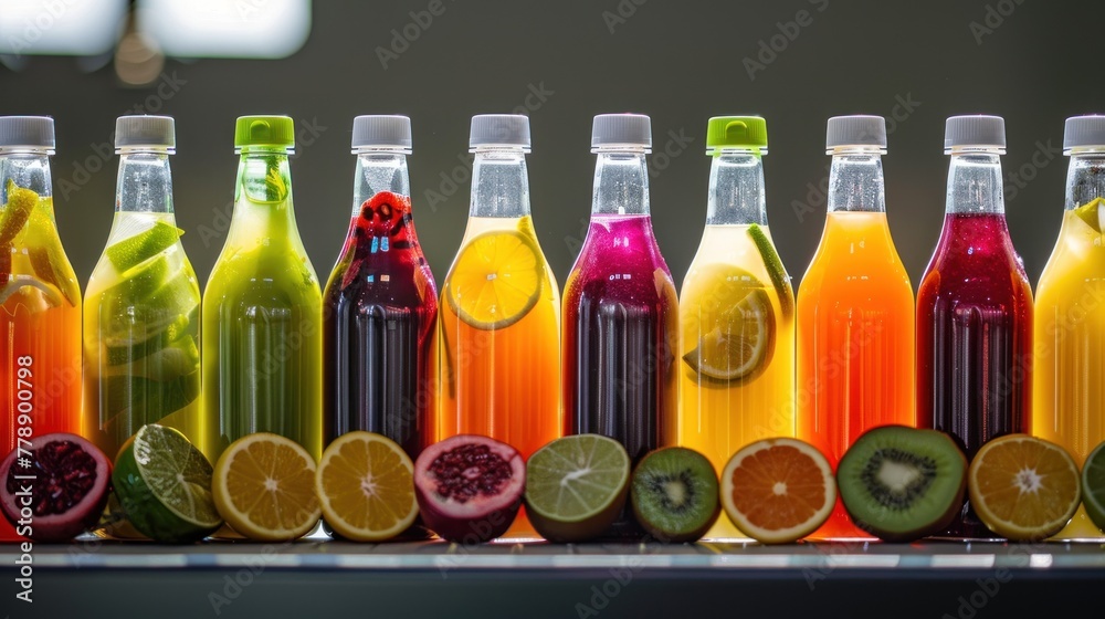 Colorful bottles filled with juice and fresh fruit Colorful bottles filled with juice and fresh fruit