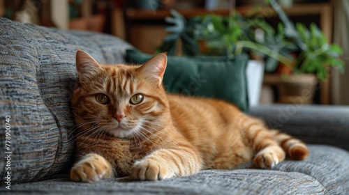 A cat is sleeping on a couch. The cat is smiling and has its eyes closed