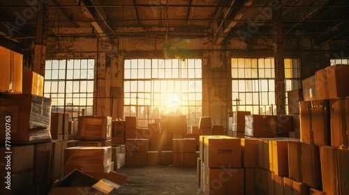 Sunset in warehouse with cardboard boxes on racks
