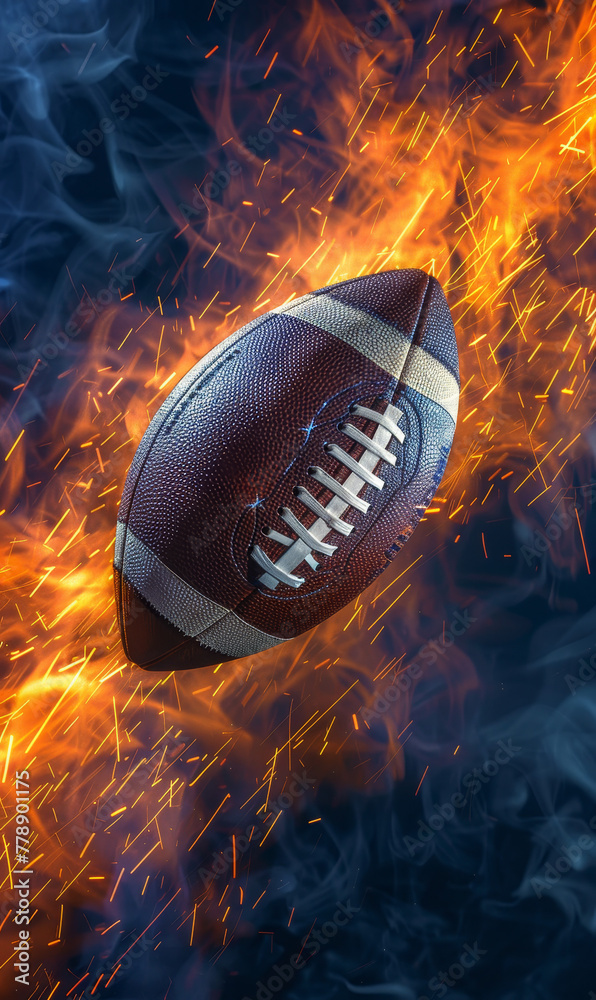 American football engulfed in fierce flames, smoke and sparks. - obrazy, fototapety, plakaty 