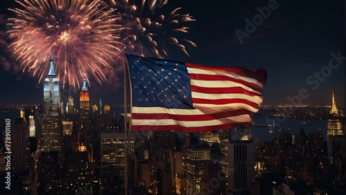 American flag in New York background, night
