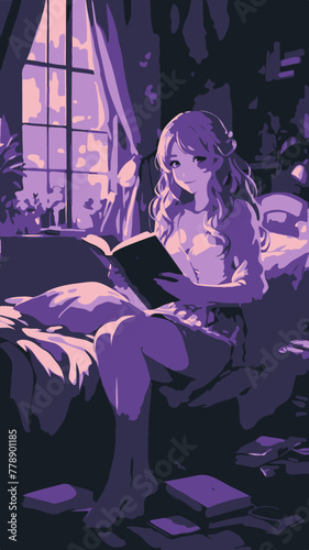 A beautiful and cute woman reading a book on a bed, rendered in a vibrant and colorful anime style, vector illustration