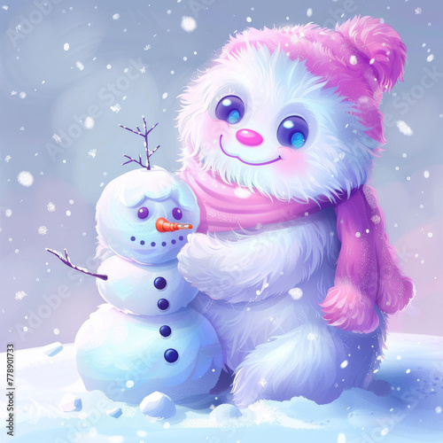 2D kawaii cute baby yeti building a snowman, wrapping it with a neon pink scarf
